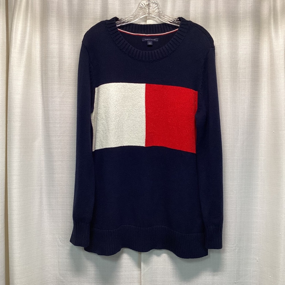 Tommy Hilfiger Womens Navy Blue Colorblock Flag Logo Crewneck Knit Sweater Large